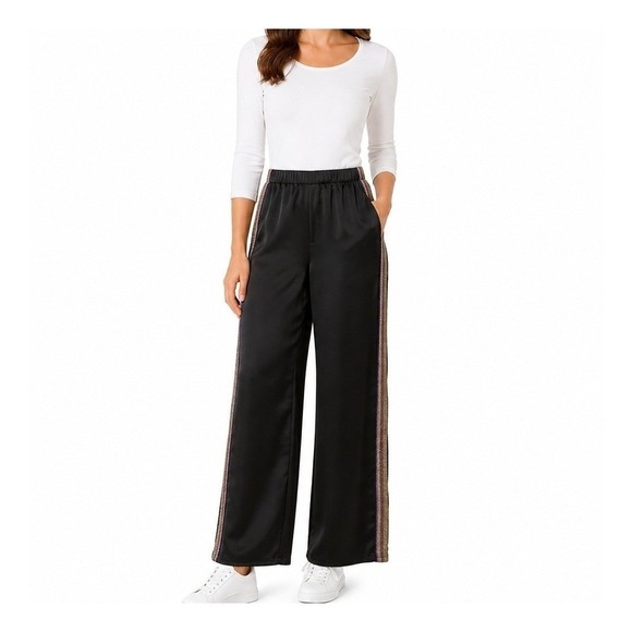 Forever 21 Pants - Wide Leg Pants Women‎ Size M Black Rainbow Metallic Side Stripe Satin Chic